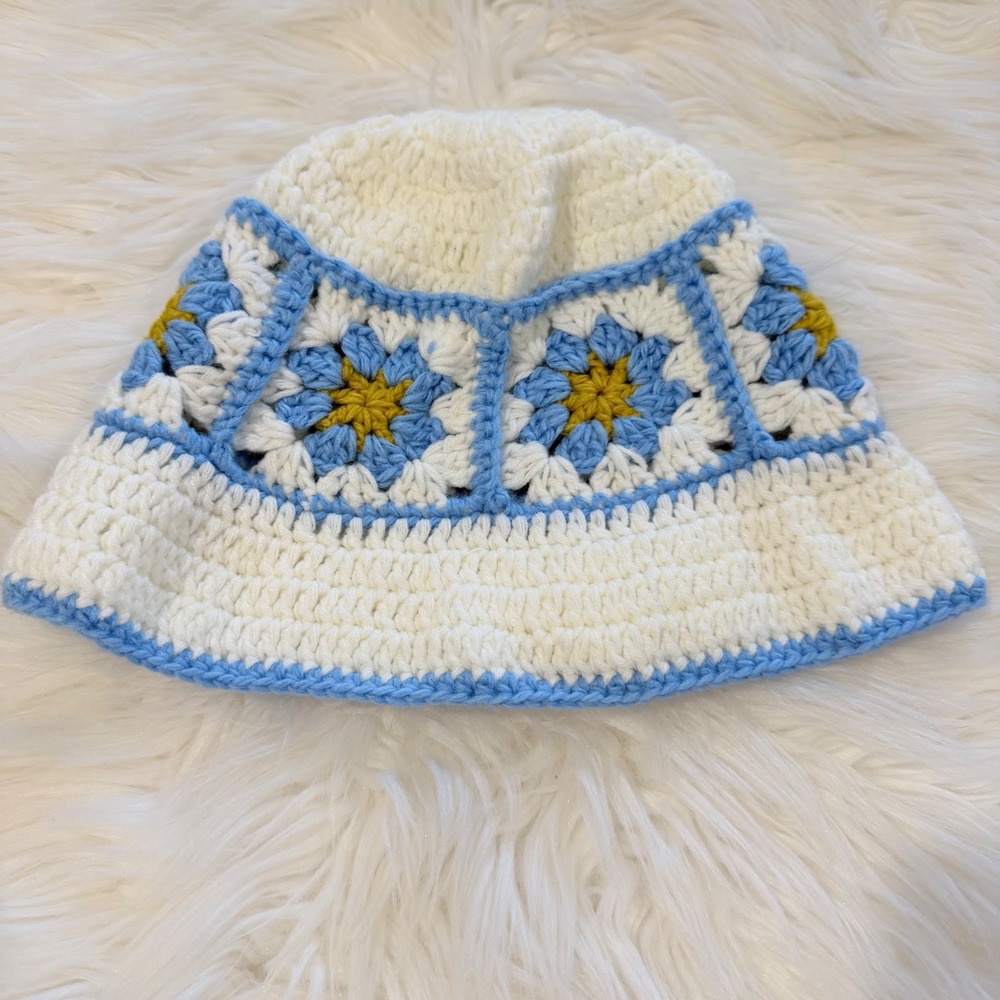 Unbranded Crochet Bucket Hat Women White Blue Yellow Floral Granny Square Boho